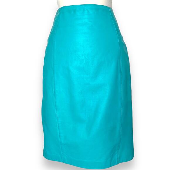 Vintage 80s Yucatan Bay Teal 2 Piece Leather Mini Skirt Jacket Matching Suit Set - Picture 8 of 11
